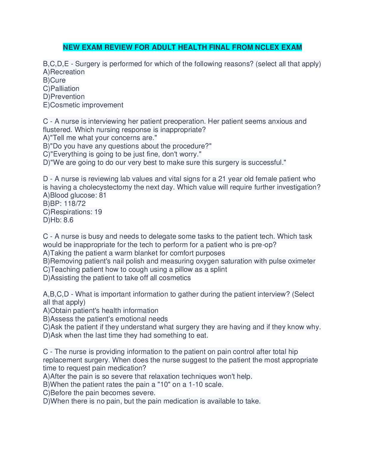 Preview image for NEW EXAM REVIEW FOR ADULT HEALTH FINAL FROM NCLEX EXAM